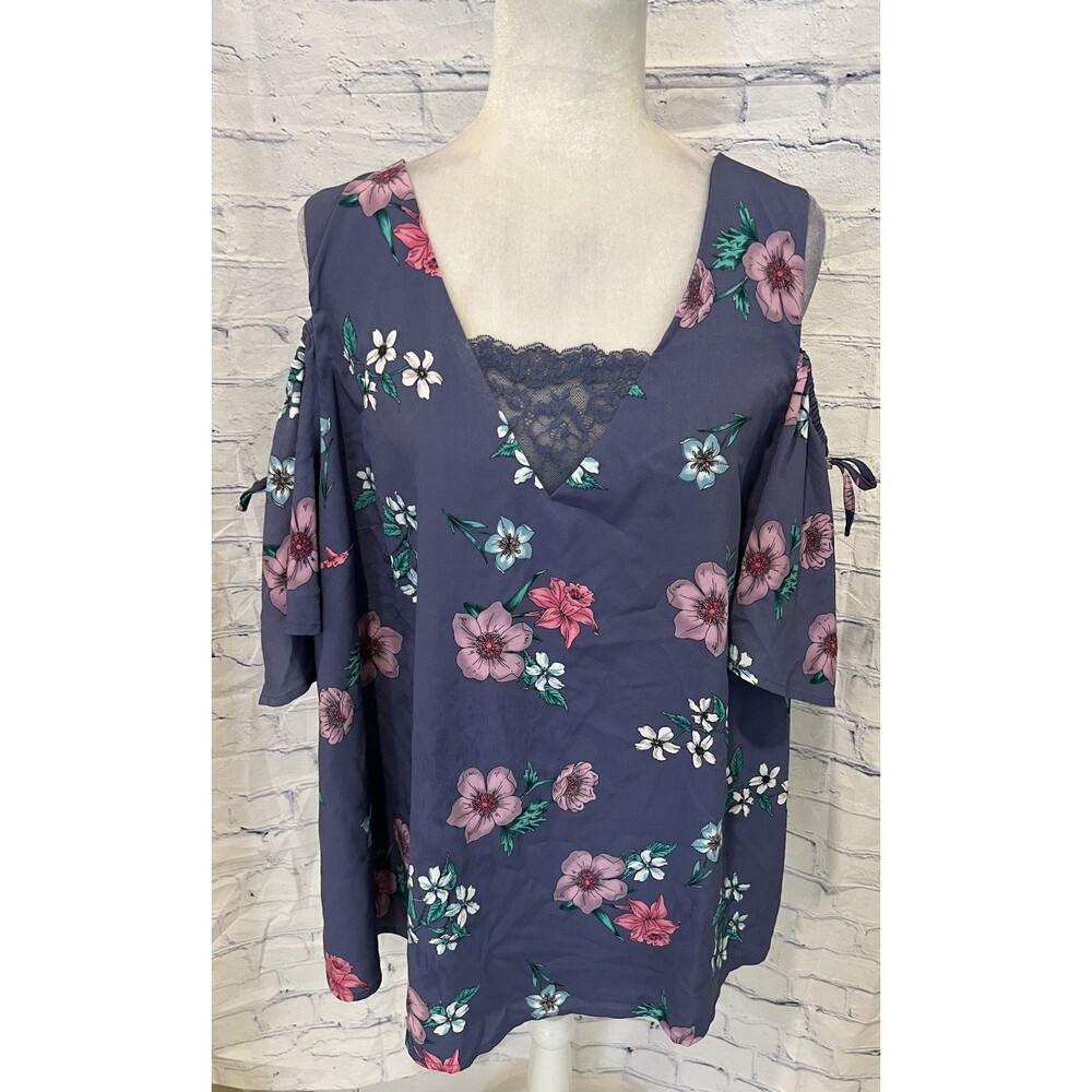 Lane Bryant Womens Cold Shoulder Top Size 18 Blue Floral Lined Lace Short Sleeve